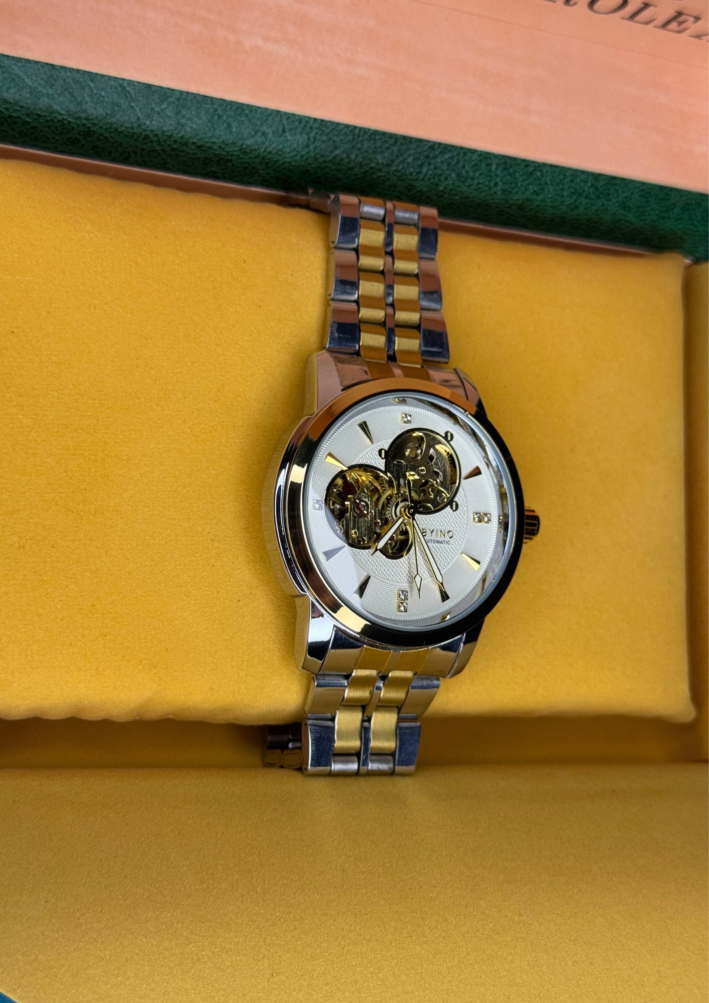 BYINO Automatic Watch – Gold & Silver Skeleton Dial