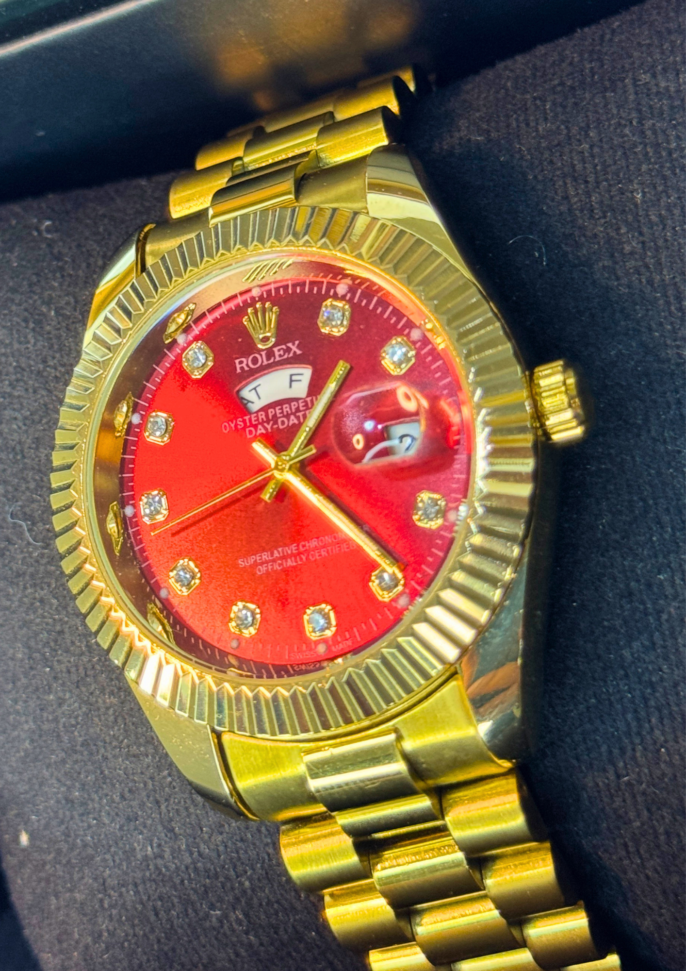 Luxury Gold Day-Date Watch – Red Diamond Dial