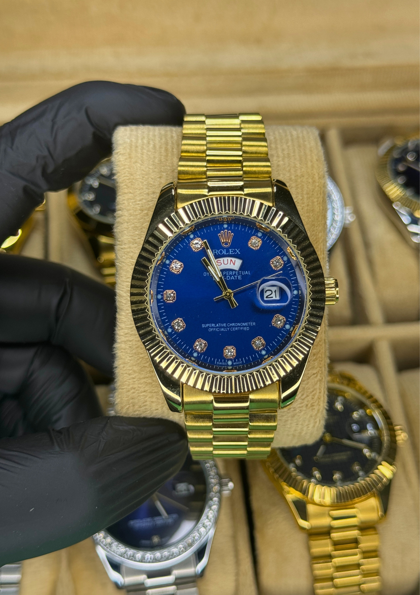 Luxury Gold Day-Date Watch – Royal Blue Diamond Dial