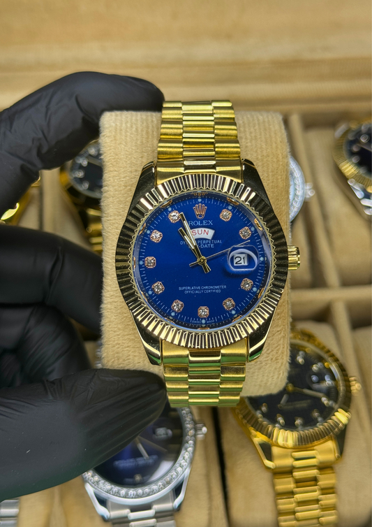 Luxury Gold Day-Date Watch – Royal Blue Diamond Dial