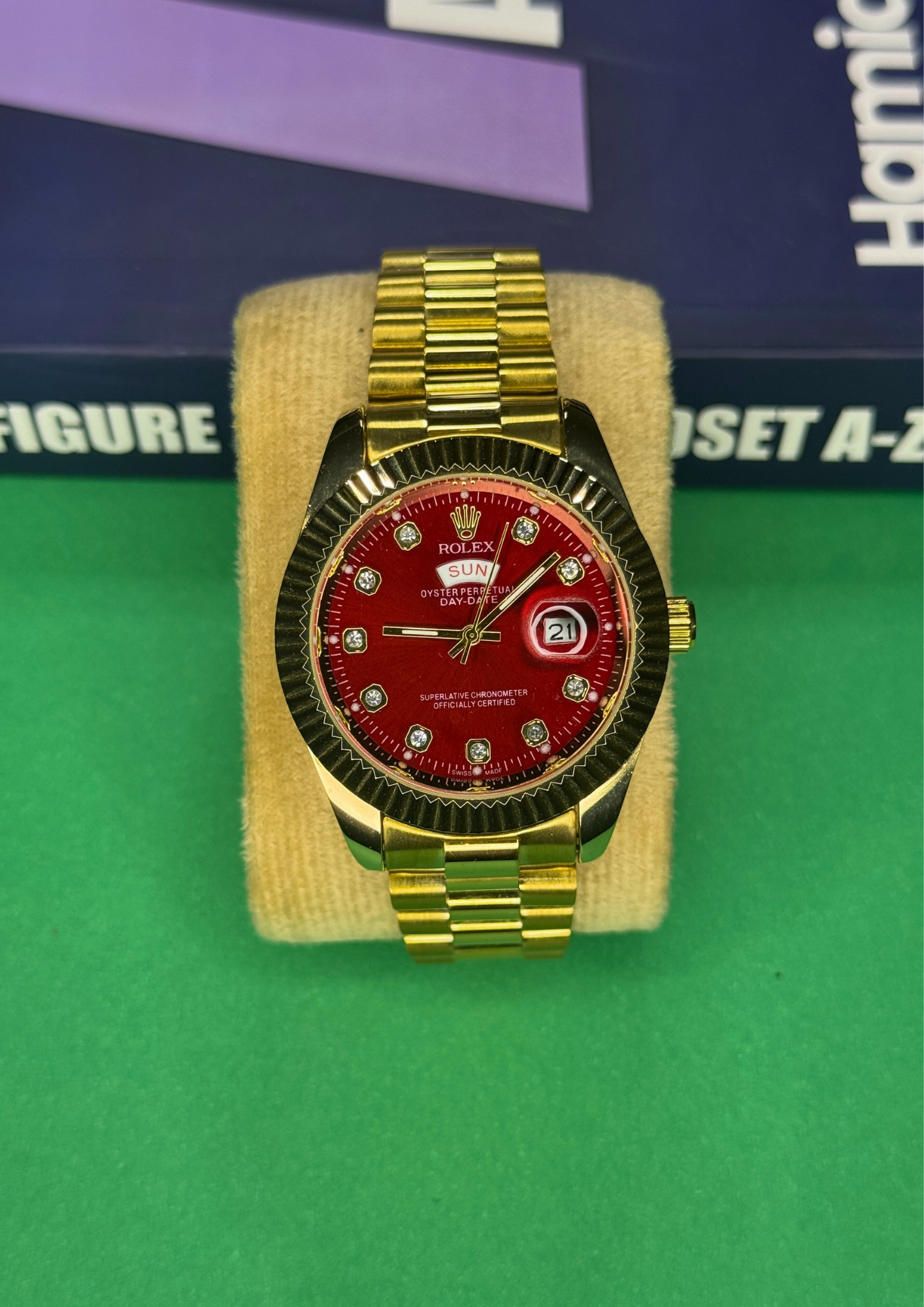 Luxury Gold Day-Date Watch – Red Diamond Dial