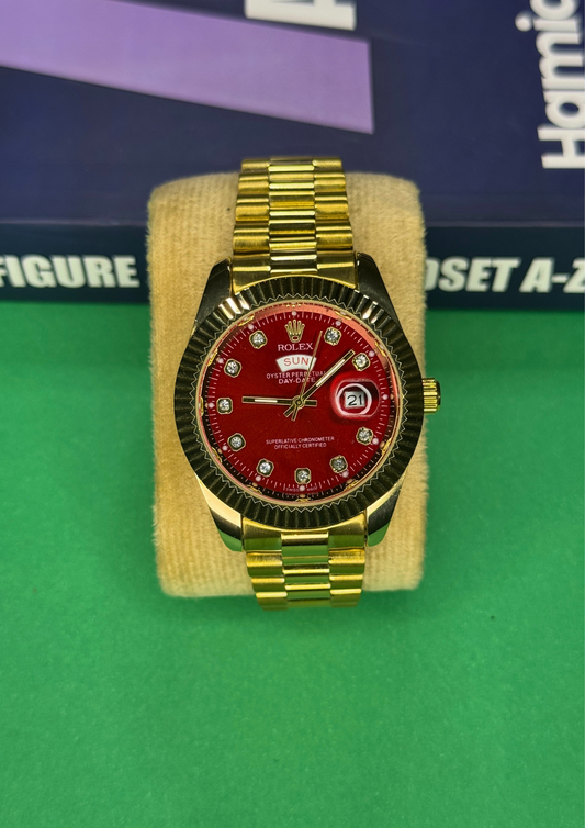 Luxury Gold Day-Date Watch – Red Diamond Dial