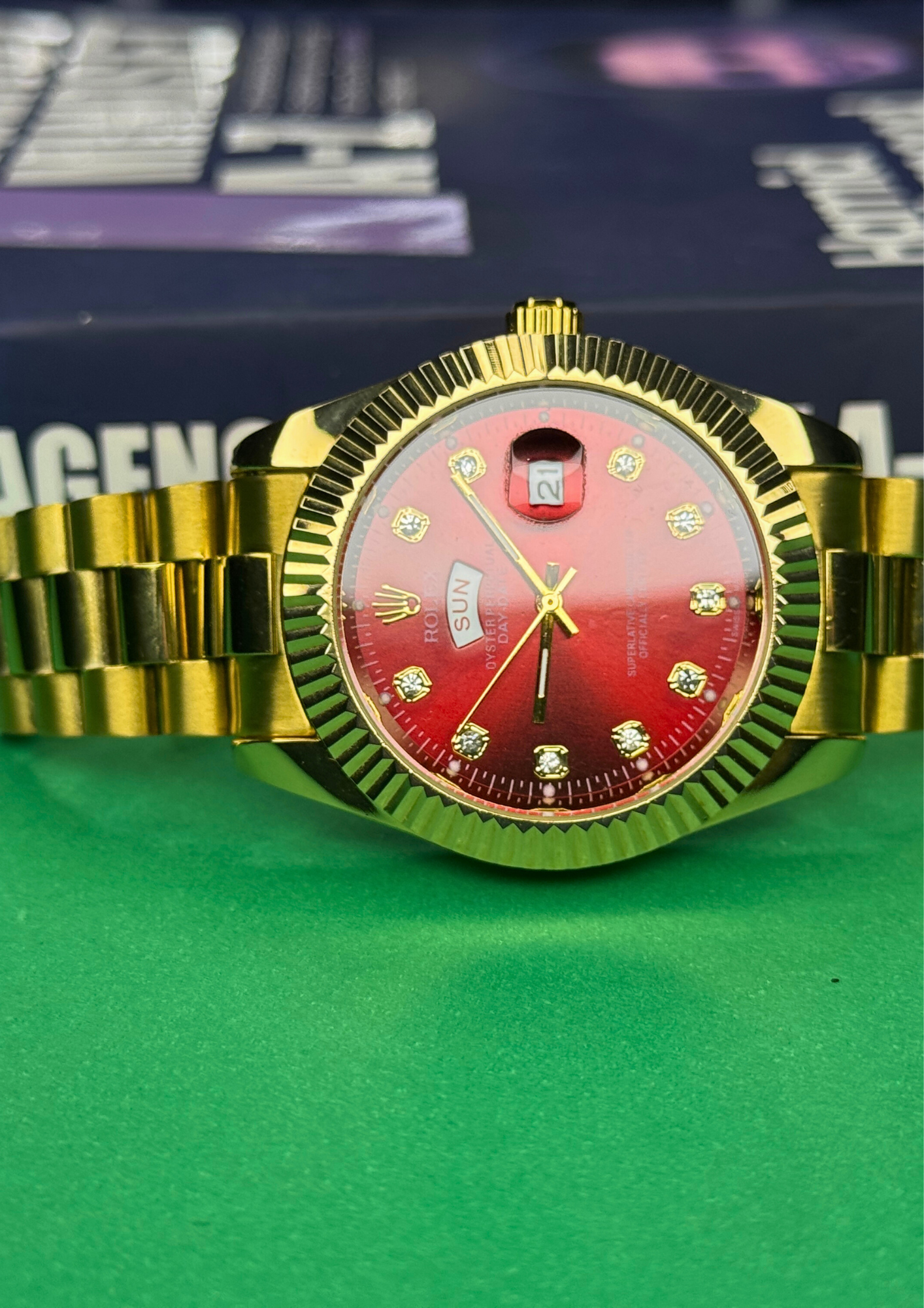 Luxury Gold Day-Date Watch – Red Diamond Dial