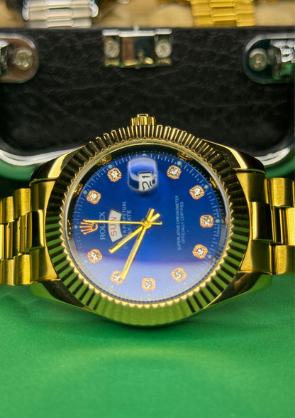 Luxury Gold Day-Date Watch – Royal Blue Diamond Dial