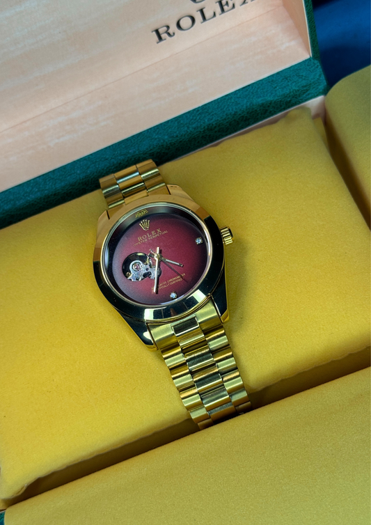 Automatic Rolex Style Watch – Gold with Ruby Red Dial