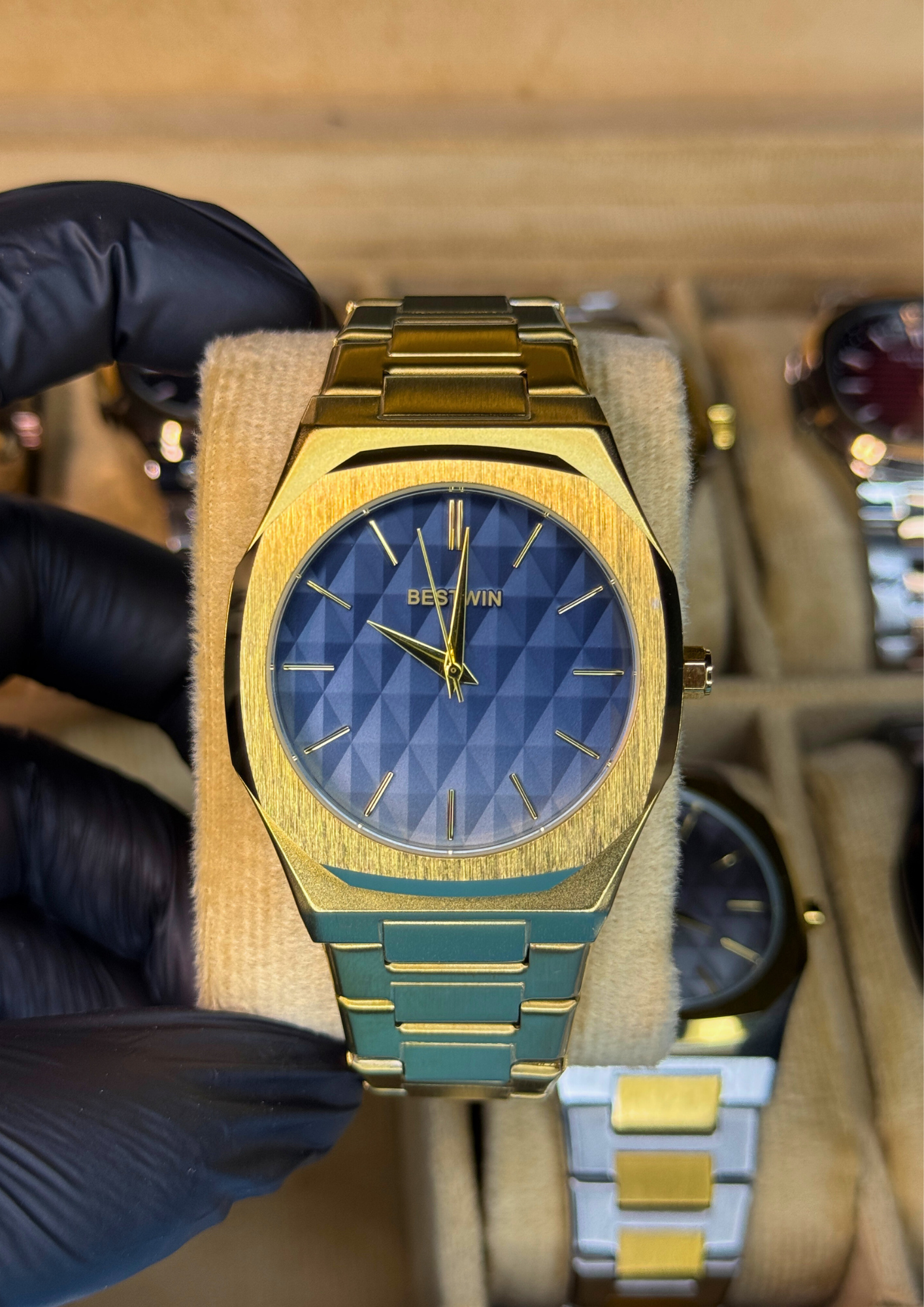 Luxury Gold & Blue Stainless Steel Watch – Geometric Dial | BESTWIN