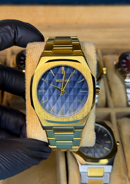 Luxury Gold & Blue Stainless Steel Watch – Geometric Dial | BESTWIN