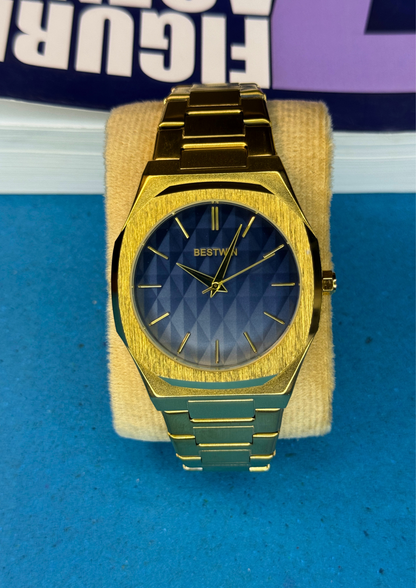 Luxury Gold & Blue Stainless Steel Watch – Geometric Dial | BESTWIN