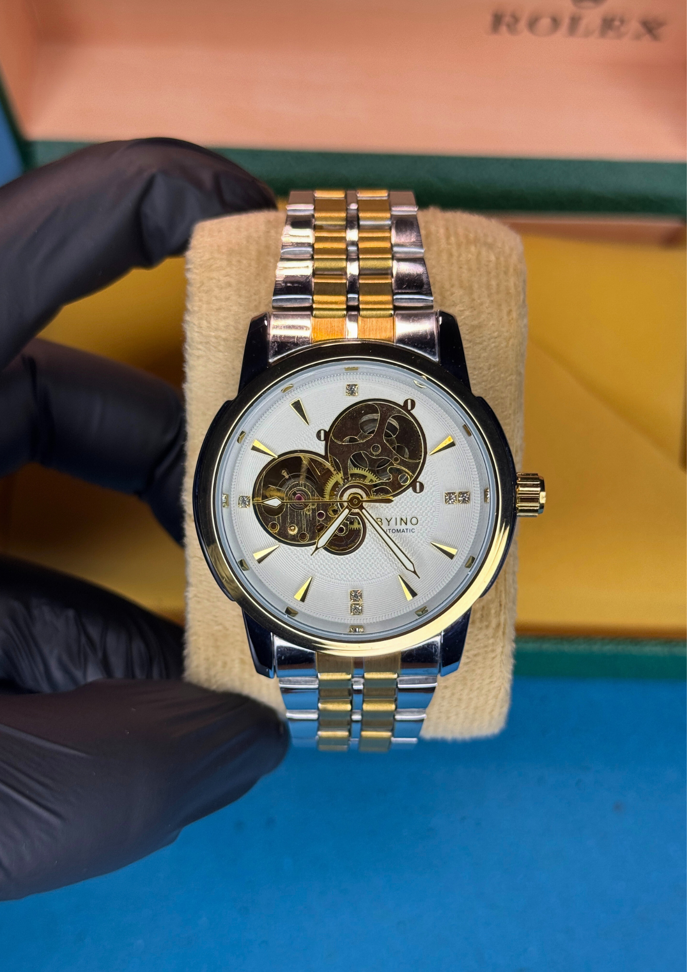 BYINO Automatic Watch – Gold & Silver Skeleton Dial