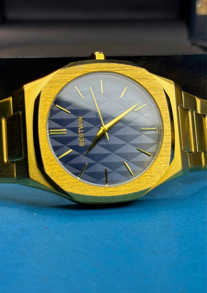 Luxury Gold & Blue Stainless Steel Watch – Geometric Dial | BESTWIN