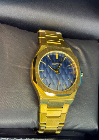 Luxury Gold & Blue Stainless Steel Watch – Geometric Dial | BESTWIN