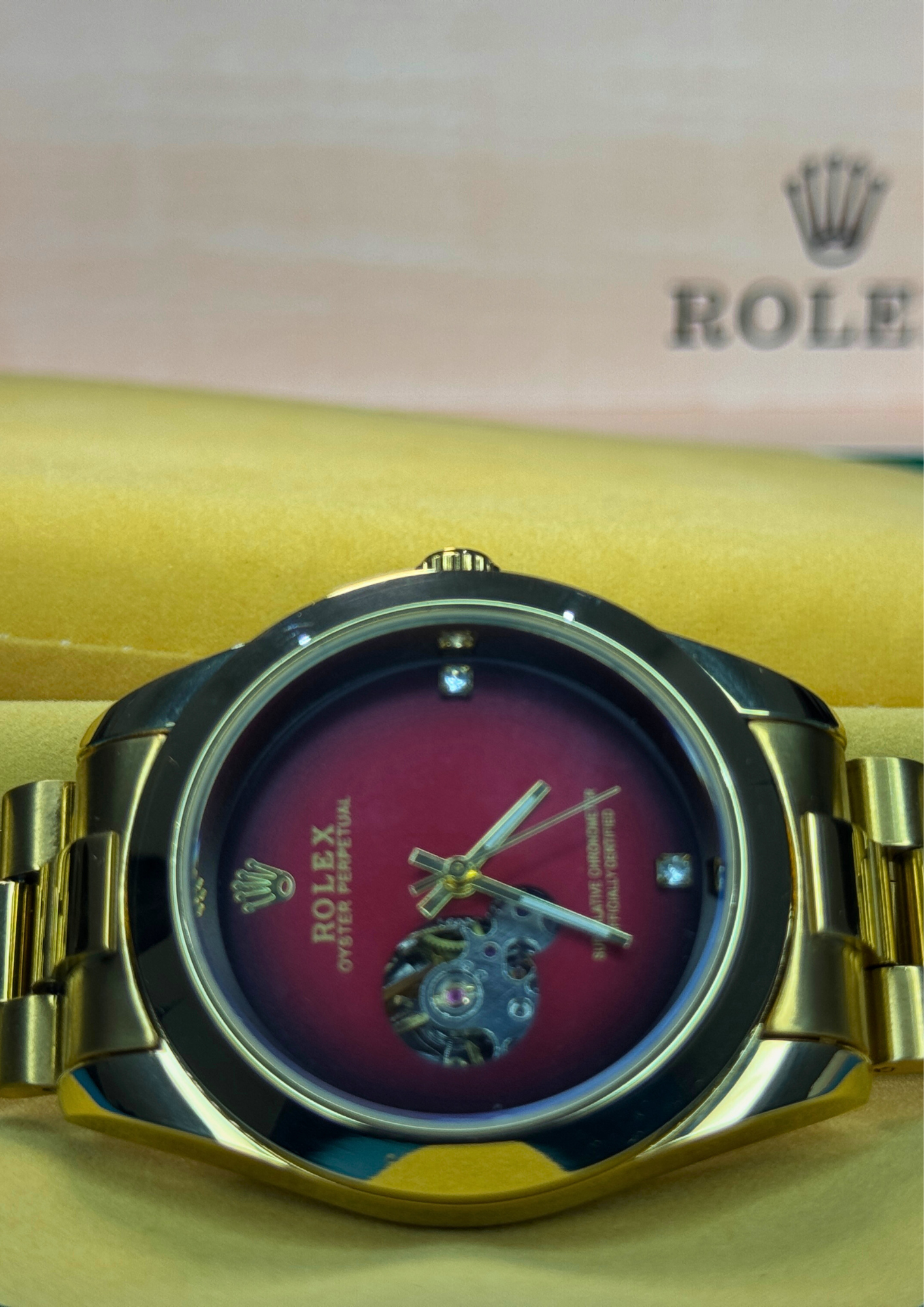 Automatic Rolex Style Watch – Gold with Ruby Red Dial
