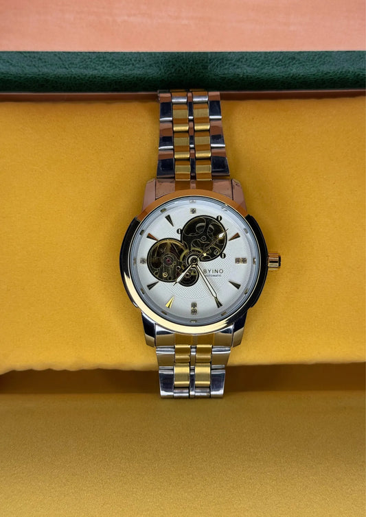 BYINO Automatic Watch – Gold & Silver Skeleton Dial