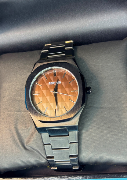 Matte Black & Brown Gradient Watch – Geometric Dial | BESTWIN Elegance
