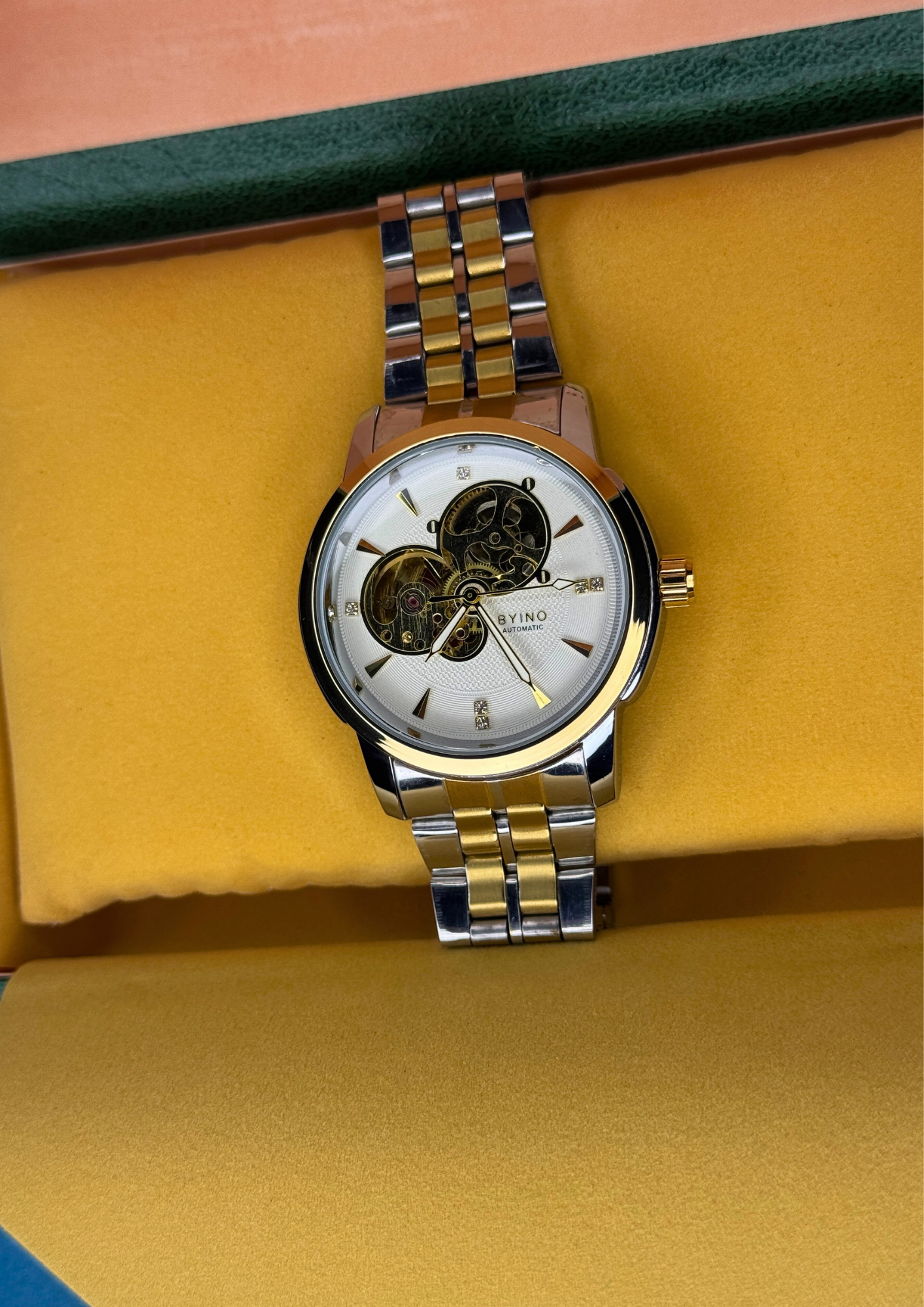 BYINO Automatic Watch – Gold & Silver Skeleton Dial