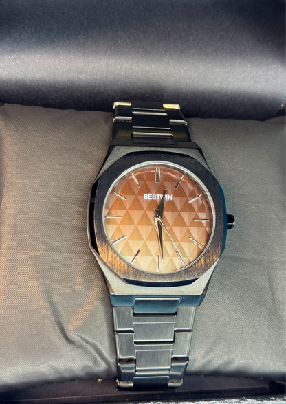 Matte Black & Brown Gradient Watch – Geometric Dial | BESTWIN Elegance