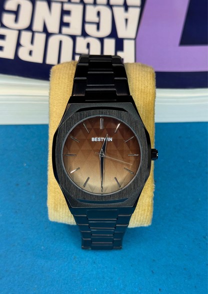 Matte Black & Brown Gradient Watch – Geometric Dial | BESTWIN Elegance