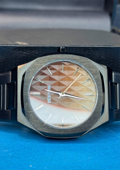 Matte Black & Brown Gradient Watch – Geometric Dial | BESTWIN Elegance