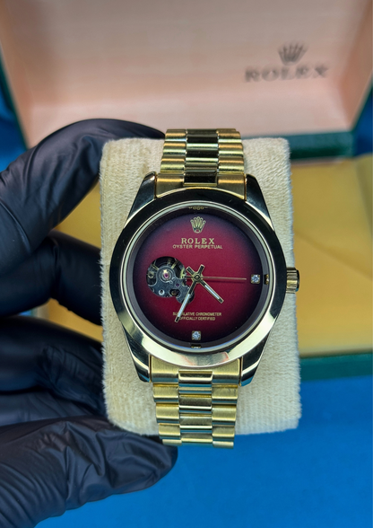 Automatic Rolex Style Watch – Gold with Ruby Red Dial