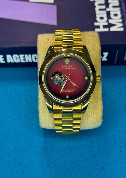 Automatic Rolex Style Watch – Gold with Ruby Red Dial