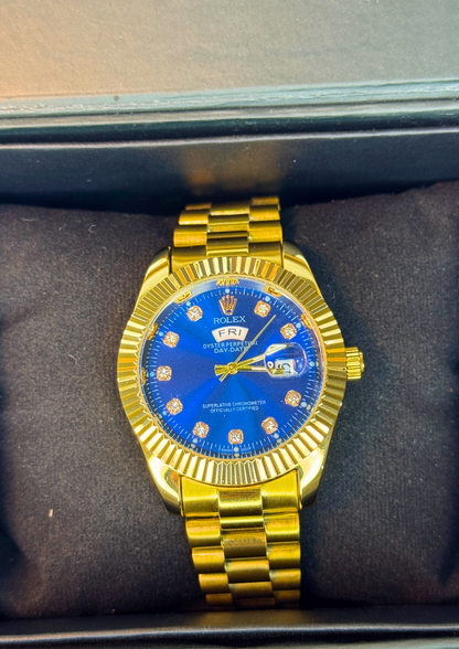 Luxury Gold Day-Date Watch – Royal Blue Diamond Dial
